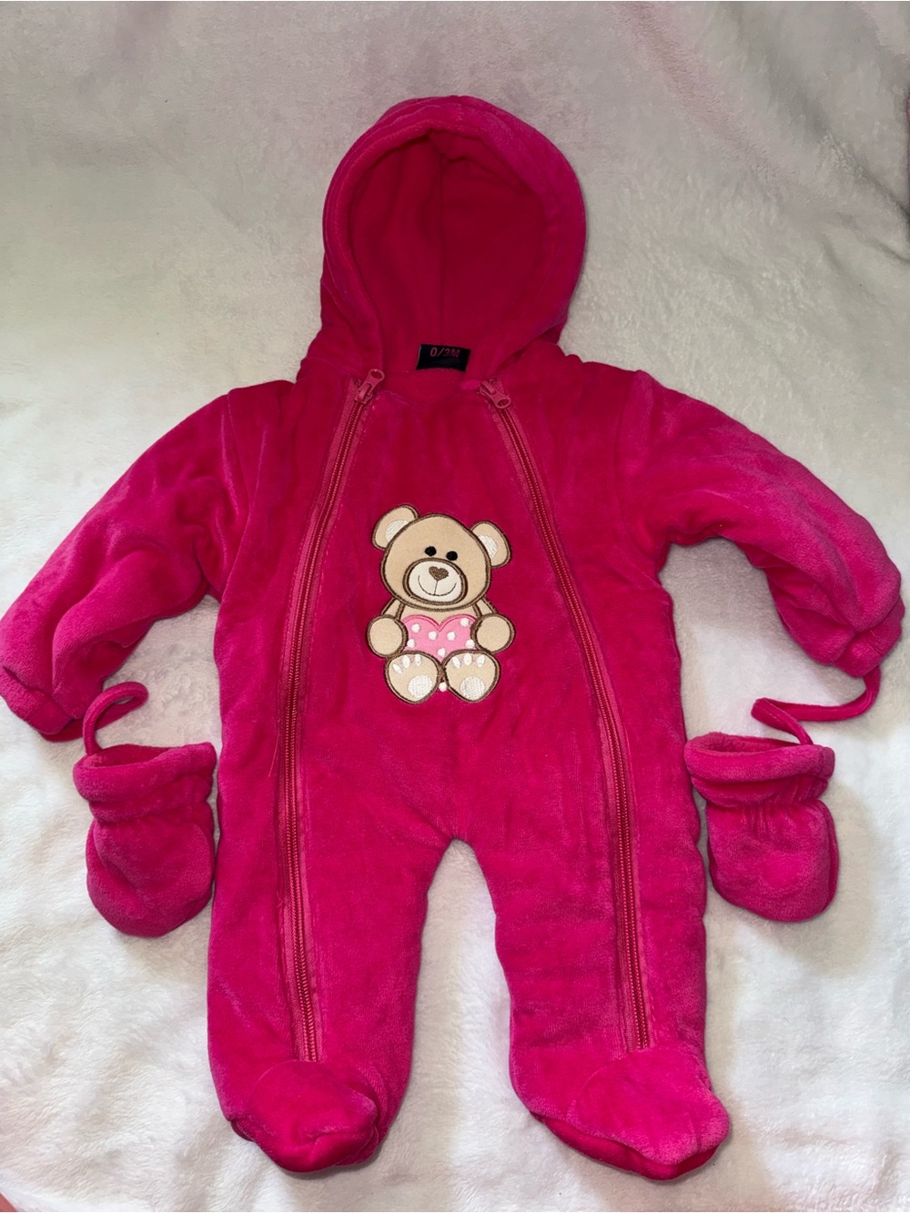 Sweet and soft Kids Pink Hooded Fleece One-Piece with Bear Applique